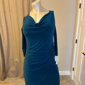 Clara Sun Woo Teal Cowl-Neck Long Sleeve Dress